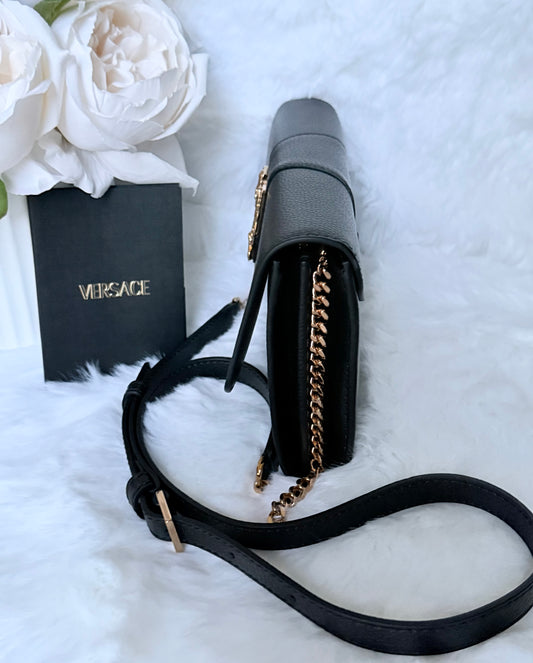 Black Versace Grained Calfskin Virtus Wallet On Chain