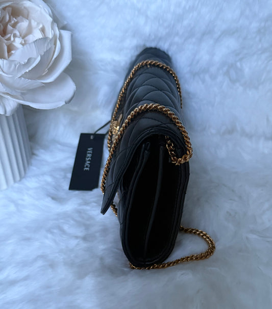 Black Versace Lambskin Quilted Medusa Wallet on Chain