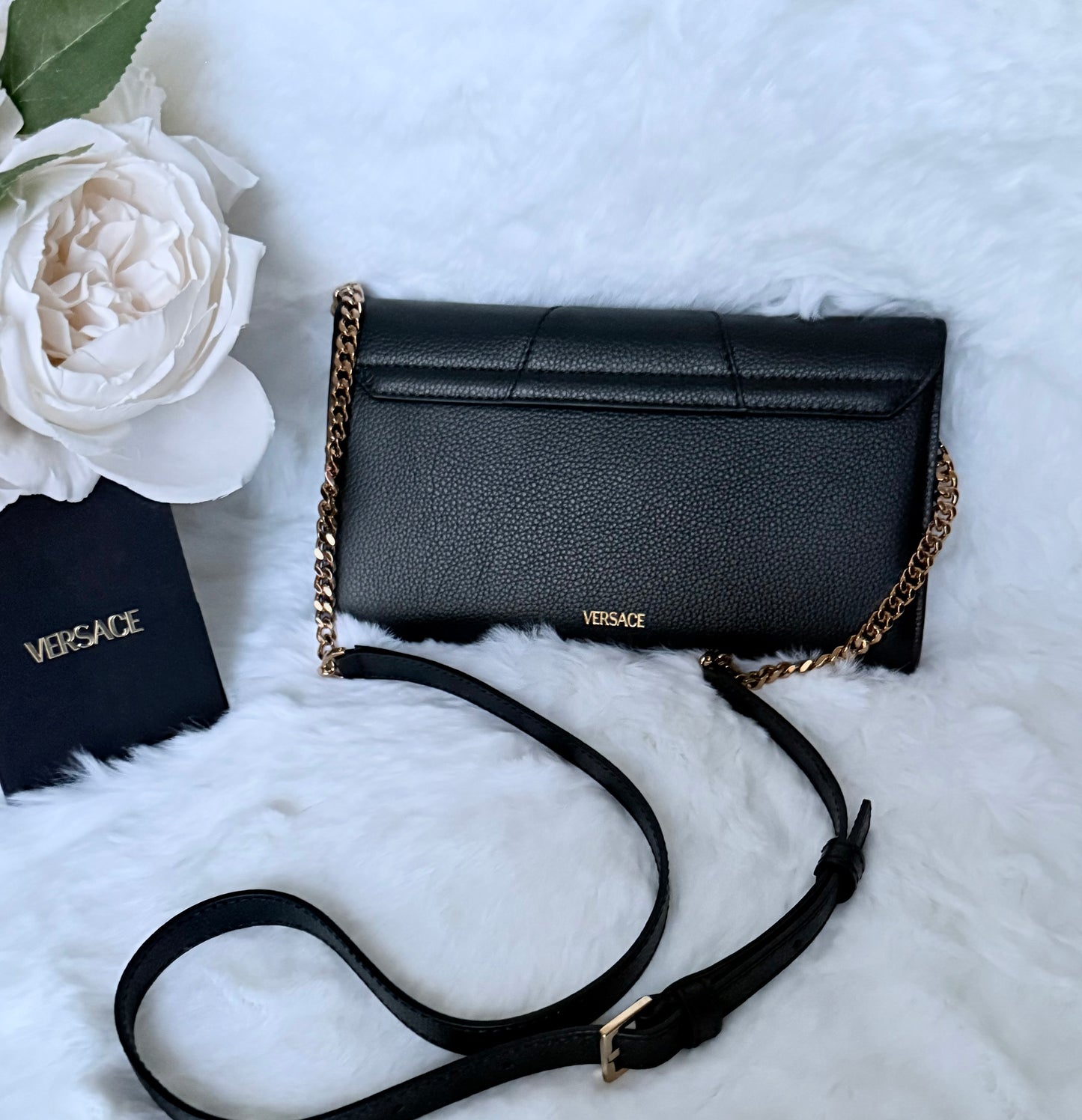 Black Versace Grained Calfskin Virtus Wallet On Chain