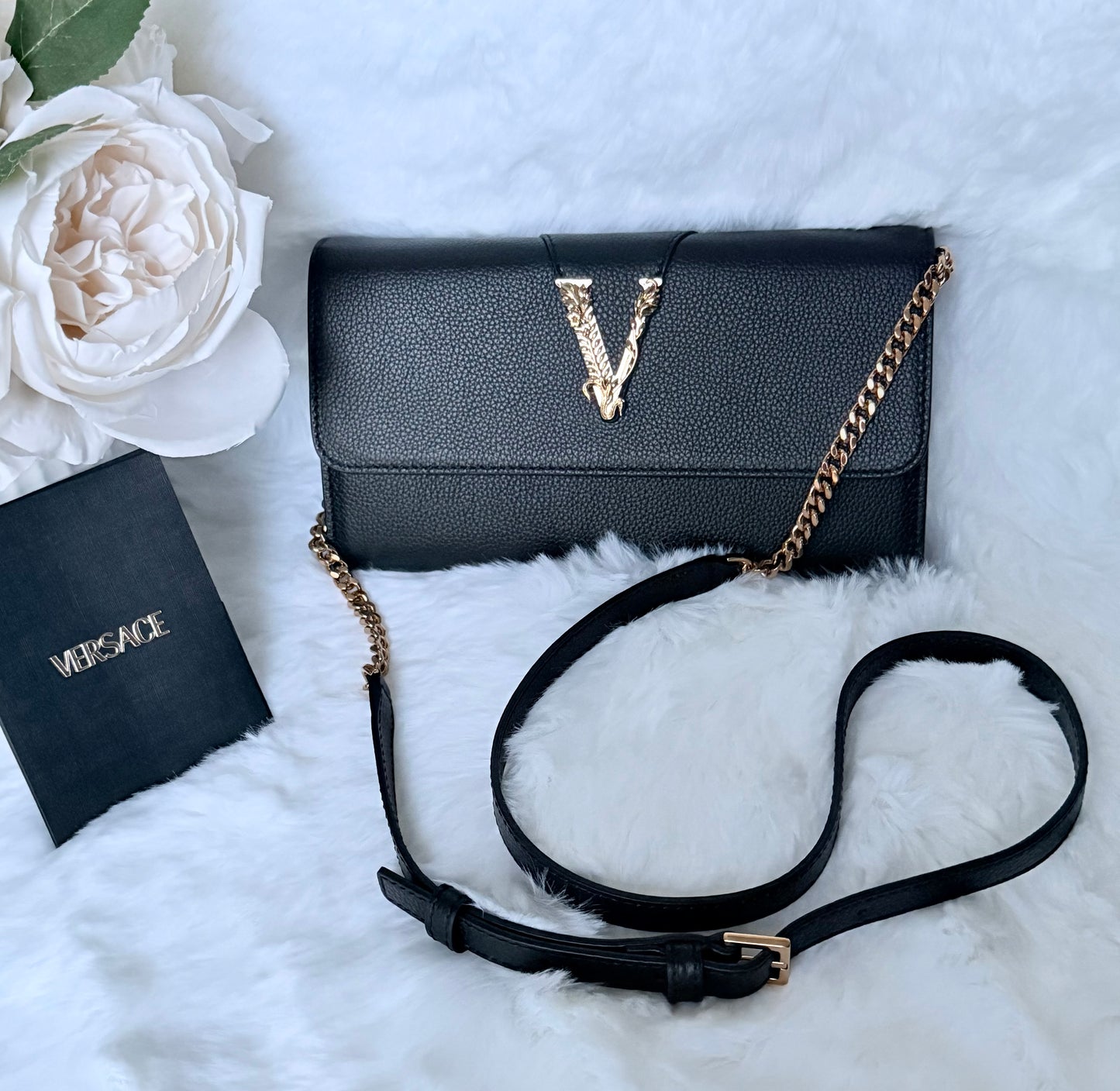 Black Versace Grained Calfskin Virtus Wallet On Chain