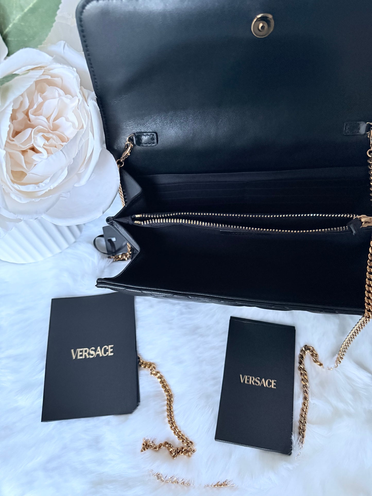 Black Versace Lambskin Quilted Medusa Wallet on Chain