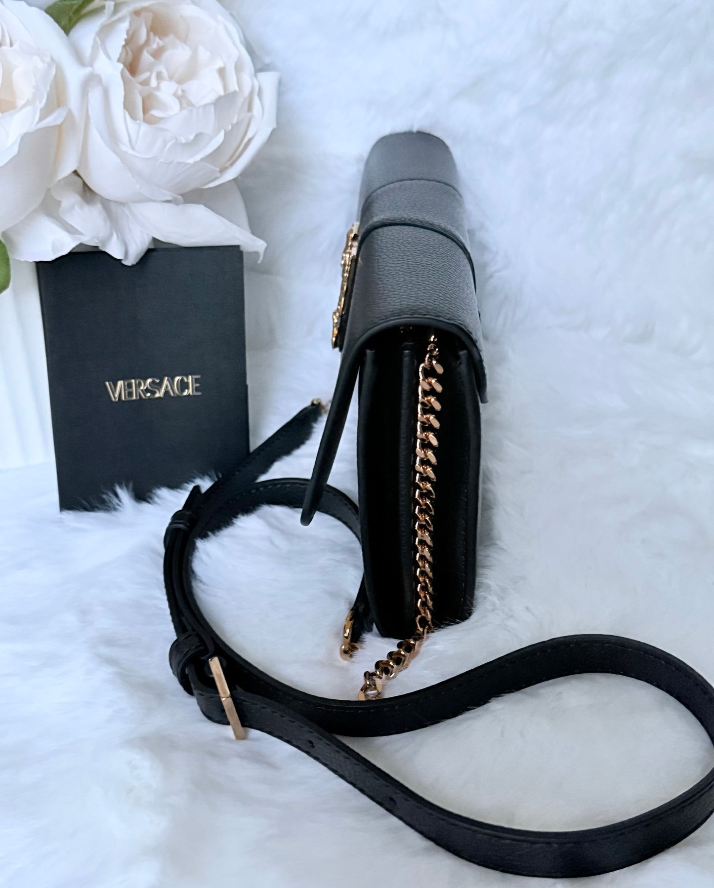 Black Versace Grained Calfskin Virtus Wallet On Chain