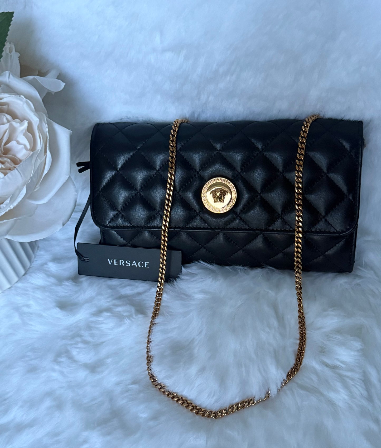 Black Versace Lambskin Quilted Medusa Wallet on Chain