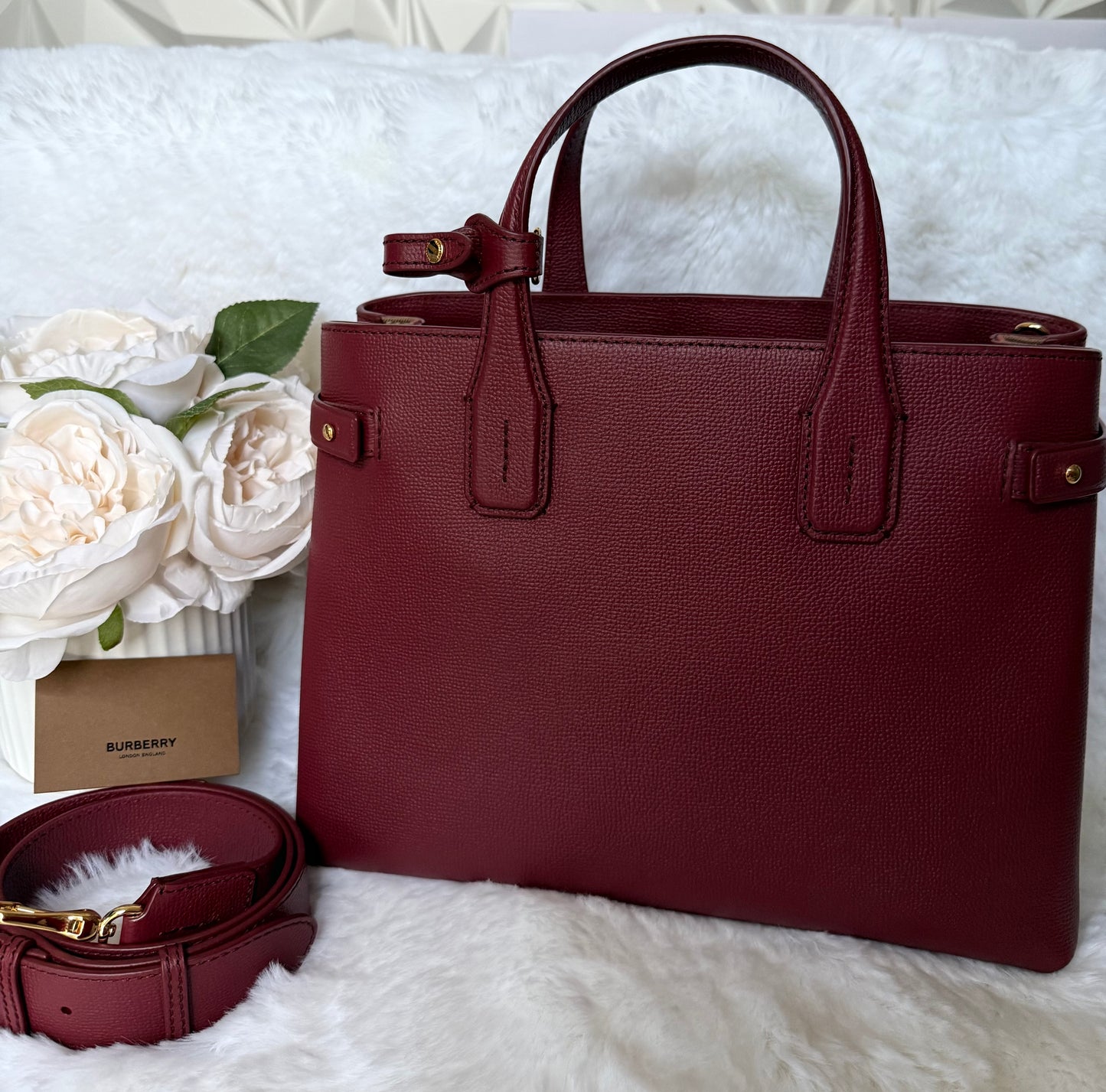 Burgundy Burberry Medium Banner Leather Tote