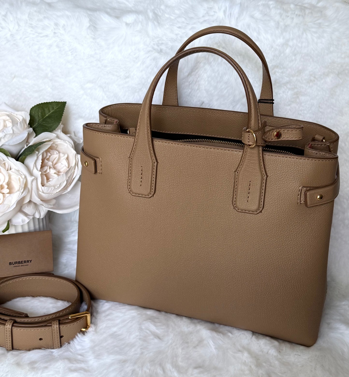 Camel Burberry Banner leather handbag