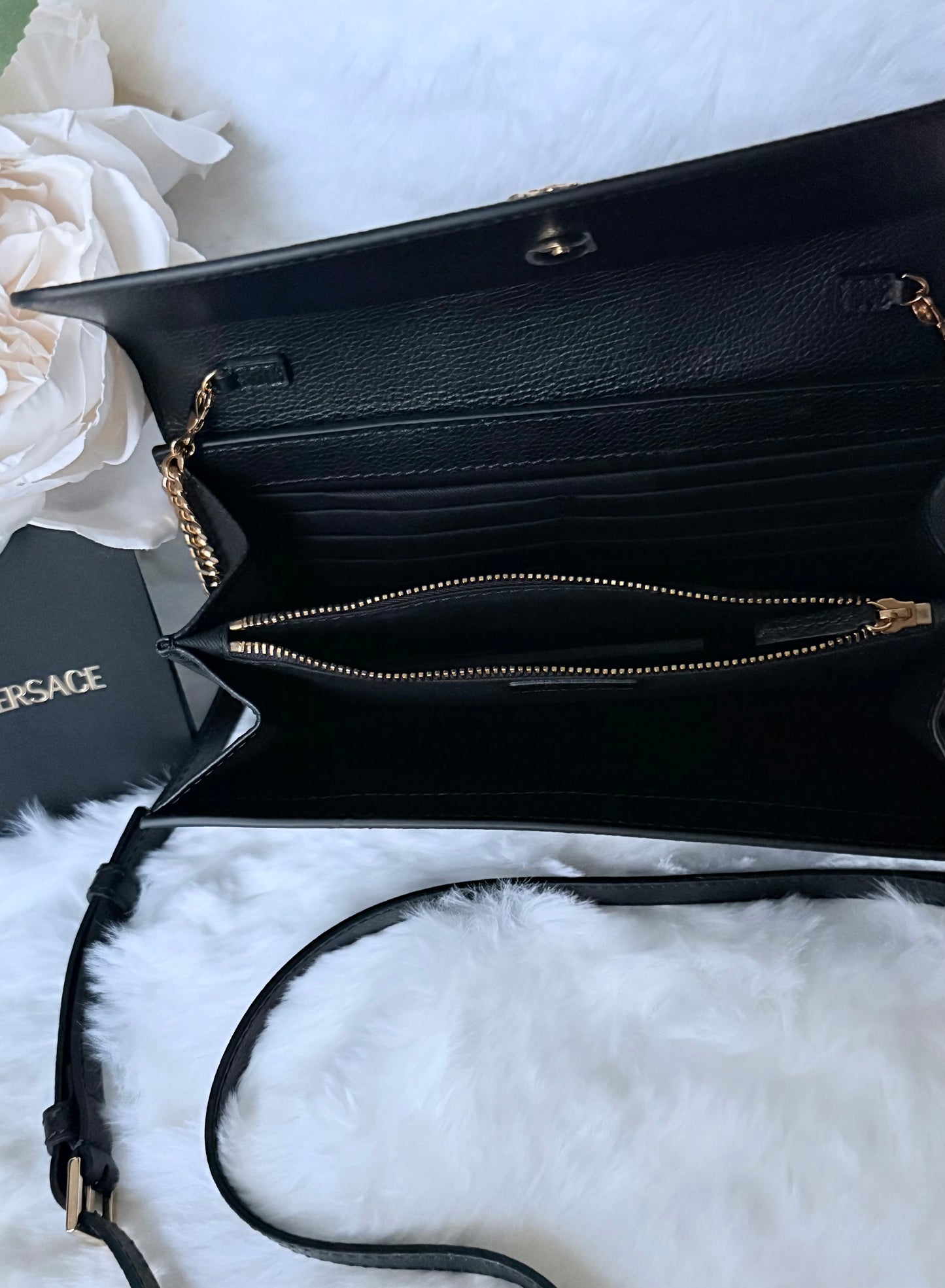 Black Versace Grained Calfskin Virtus Wallet On Chain